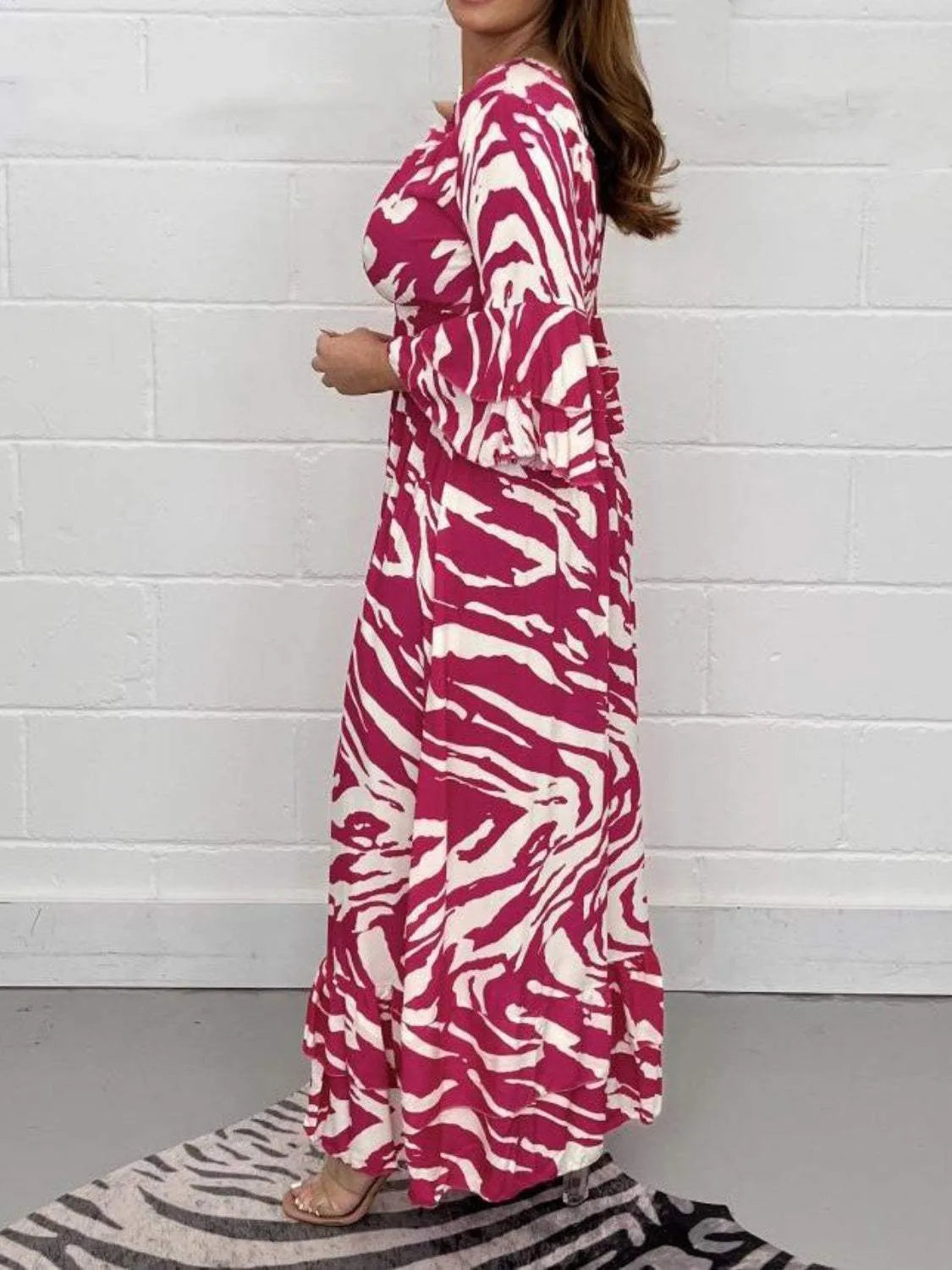 Smocked Printed Flounce Sleeve Maxi Dress Casual Dresses - Tophatter Daily Deals